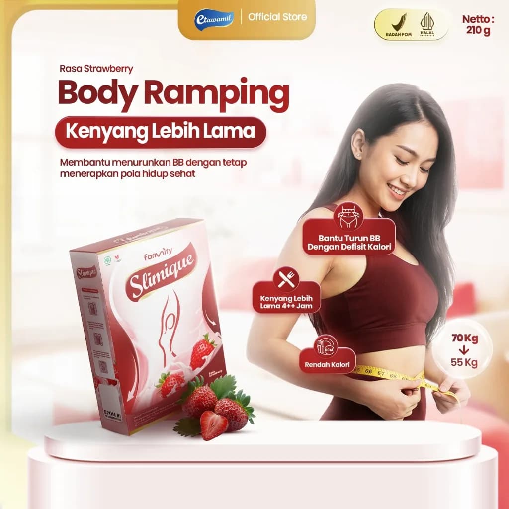 SLIMIQUE Susu Rasa Strawberry 200gr - Susu Rendah Kalori Bantu Turunkan BB, Meal Replacement Kenyang Lebih Lama, BPOM HALAL