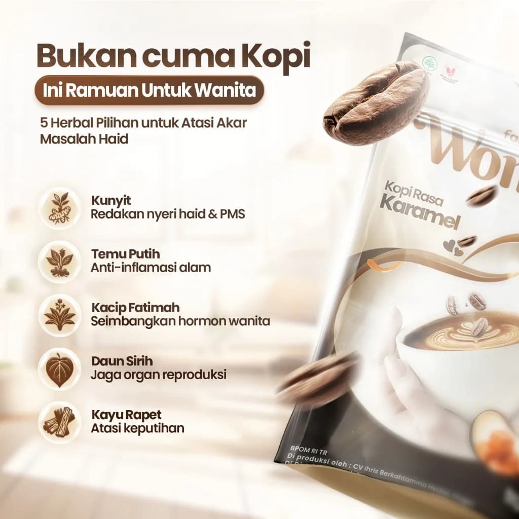 Womita Kopi Herbal Wanita Rasa Karamel 100gr – Bantu Redakan Nyeri Haid & Menstruasi Tidak Teratur, BPOM & HALAL, gambar kedua