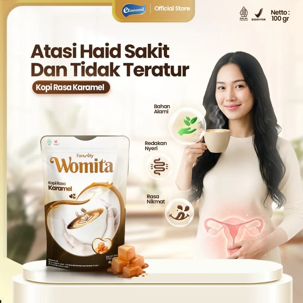 Womita Kopi Herbal Wanita Rasa Karamel 100gr – Bantu Redakan Nyeri Haid & Menstruasi Tidak Teratur, BPOM & HALAL